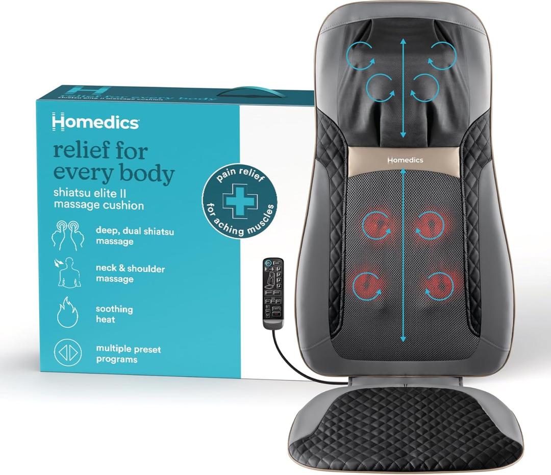 Homedics Back Massager with Heat, Shiatsu Elite II Heated Neck and Back Massage Cushion. 3 Different Massage Styles and 3 Massage Zones. Comes with Controller and Chair Straps (1 Count (Pack of 1), Grey)