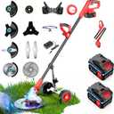 Cordless Lawn Trimmer Weed Wacker, 21V Lawn Mower Grass Edger with 3 Types Blades & 2X Battery, Lightweight 125 cm Retractable Weed Trimmer/Stringless Grass Trimmer/Brush Cutter, Red