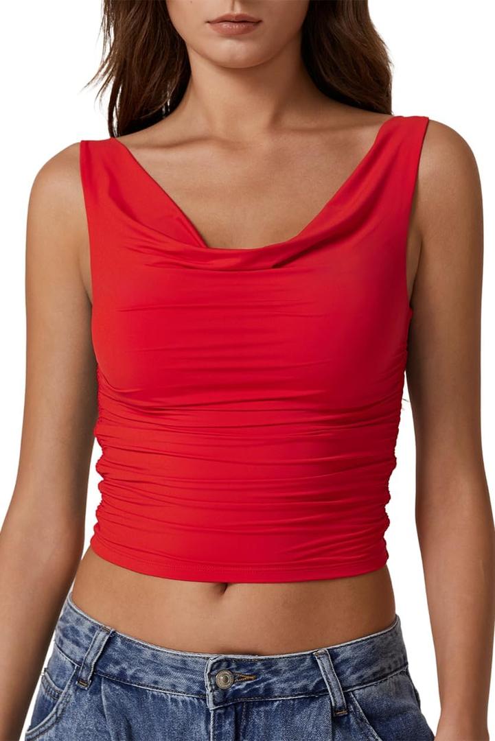 QINSEN Women's Cowl Neck Top Sleeveless Ruched Double Lined Crop Top Y2k T Shirts (Large, Red)