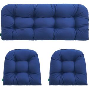 Outdoor/Indoor All Weather Tufted Wicker Chair Cushions of 3 Pieces, 1 Loveseat and 2 U-Shape Waterproof Cushions for Patio Furniture,Wicker Loveseat,Bench-Navy Blue
