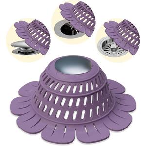 Shower Drain Hair Catcher, Multipurpose Collapsible Silicone Hair Catcher Drain Cover for Pop Up and Flat Drains of Bathtub Tub Bathroom Sink, Flower-Shaped Hair Trapper (Purple), Pack of2. 