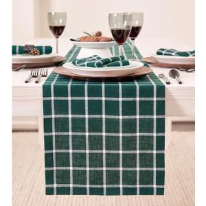 Solino Home Linen Table Runner 120 Inches Long - 100% Pure Linen Windowpane Dark Green Table Runner 14 x 120 Inch for Dining, St Patricks Day, Easter, Winter