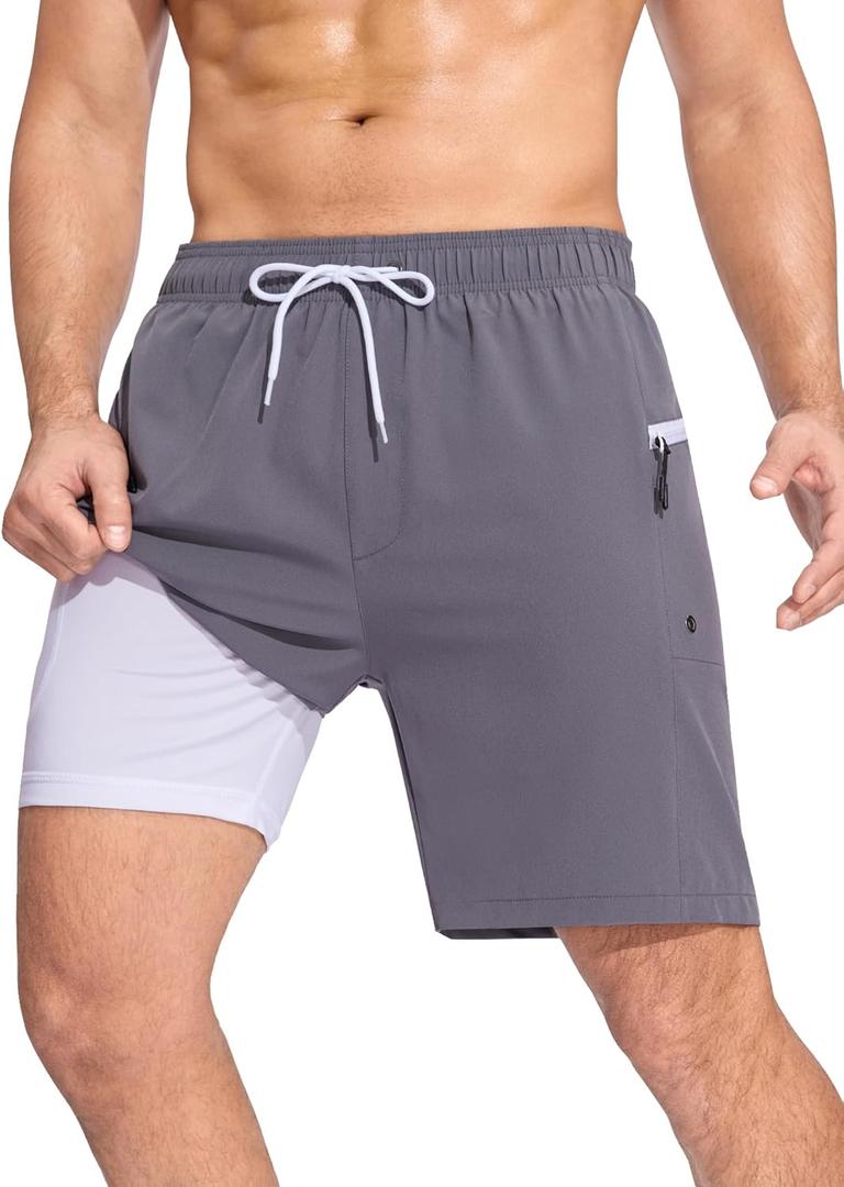 SILKWORLD Men Swim Trunks with Compression Liner 7" Bathing Suits Quick Dry Swimming Shorts with Zipper Pocket (XXL)