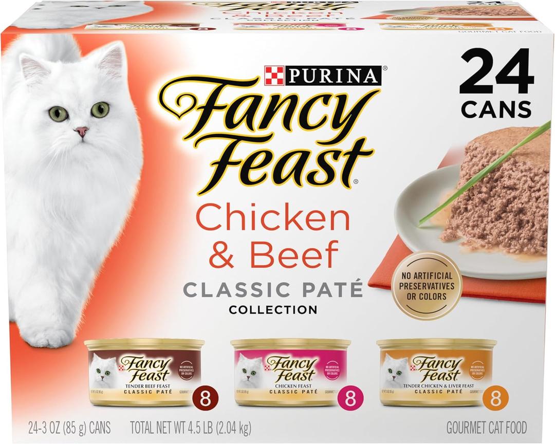 Purina Fancy Feast Chicken and Beef Classic Pate Collection Grain Free Wet Cat Food Variety Pack - (Pack of 24) 3 Oz. Pull-Top Cans (EXP 04/01/26)
