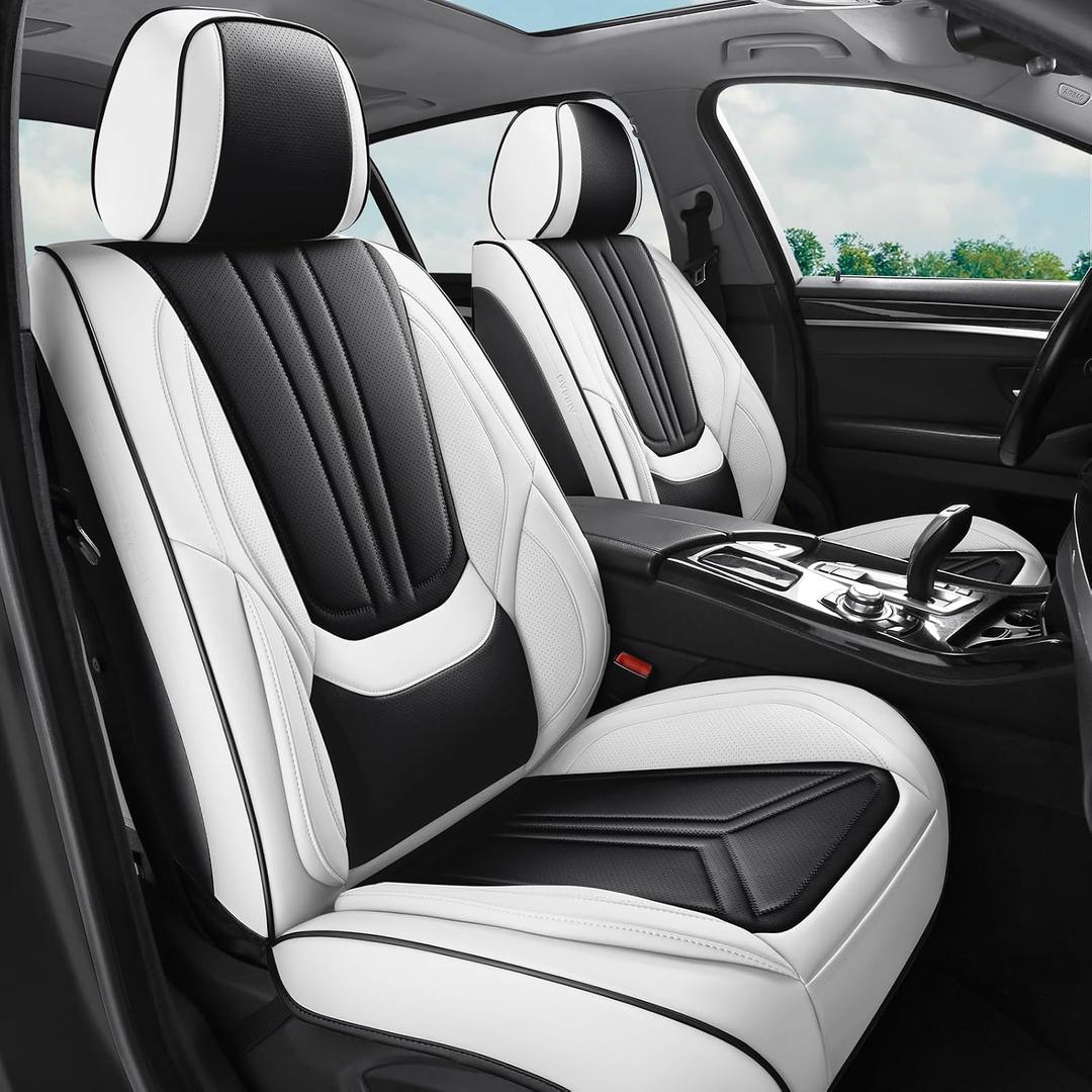 Car Seat Covers Front Seats White and Black, Premium Leather Car Seat Covers, Waterproof and Breathable Seat Covers, Universal Car Seat Protector Fit for Cars, Trucks, SUVs, Pick-ups