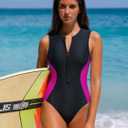 RIHOAS One Piece Swimsuit Women Athletic Racerback Bathing Suit Sport Tummy Control Surfing Zipper Modest Slimming Swimwear (Black, S)