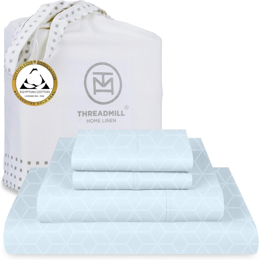 Threadmill Egyptian Cotton Queen Sheet Set | 100% Certified Egyptian Cotton Bed Sheets for Queen Size Bed | Queen Sheet Set with Deep Pocket | Soft Cooling Damask Jacquard Bedding Set | Light Blue