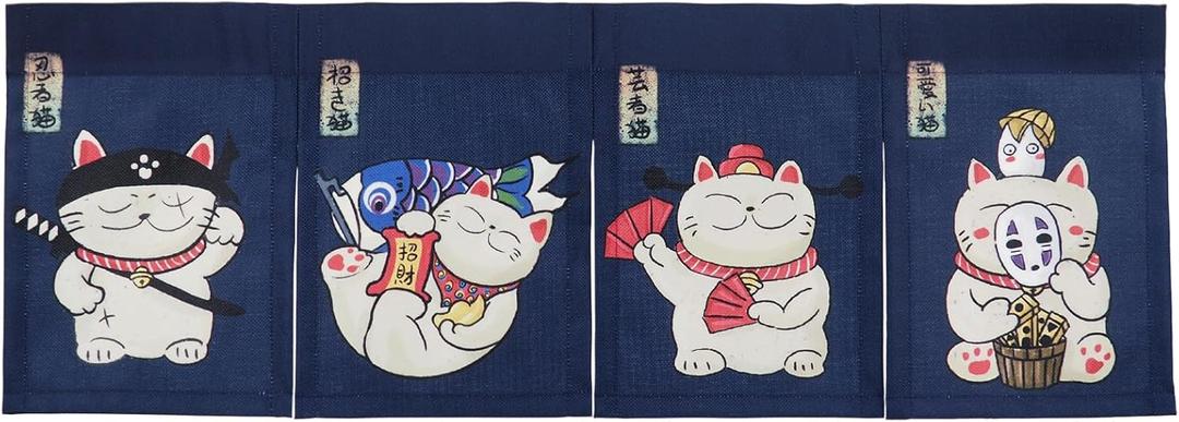 Japanese Noren Maneki Neko Curtain Short Entrance Hallway Hanging Flag 4 Pannel Lucky Cats Printed Doorway Curtain Tapestry for Restaurant Sushi Home Decor 33.5"X11.8" With Velcro double-sided tape