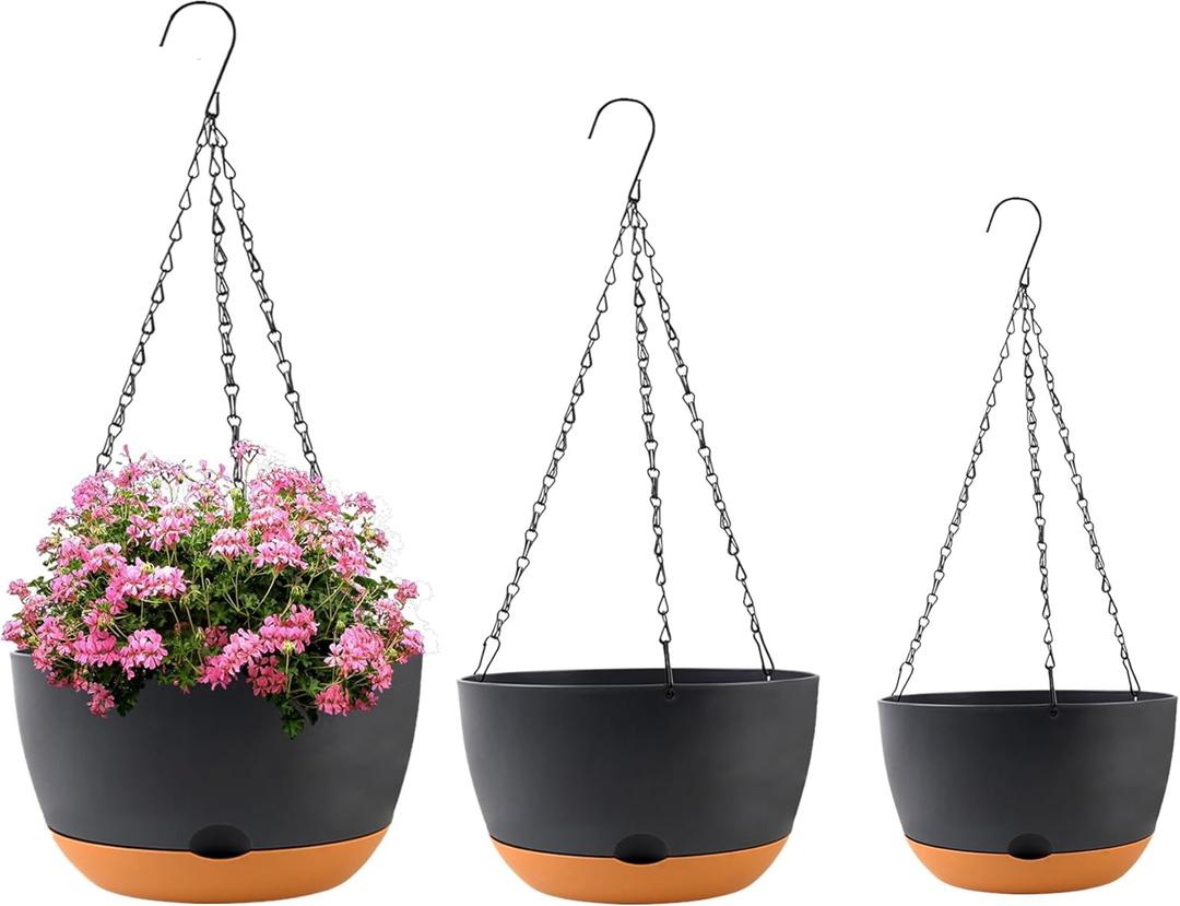 KPUVX 8/10/12 inch Plant Pot Hanging Planters Self Watering Pots for Indoor Plants, 3 Pack Plastic Hanging Basket with Removable Tray for Home Garden Porch Balcony Patio Decor (Black)