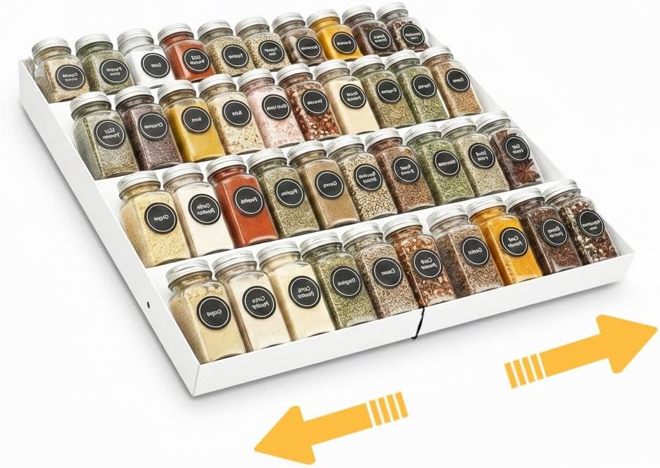 GOENDR Spice Drawer Organizer, 4-Tier Metal Spice Rack for Drawer, Expandable Seasoning Organizer Fits 11.4-22.8 Wide Drawer, Holds up to 48 Spice Jars (Not Included), White
