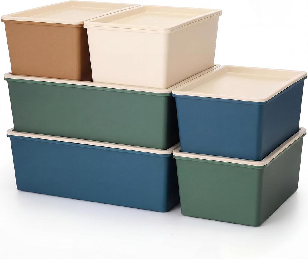 Menkxi 6 Pcs Large and Small Plastic Storage Bins with Lids 14.4 x 10.4 x 5.1 Inch Stackable Storage Containers Decorative Cubby Organizer for Clothes Shelves Garage Closet Office (Neutral color)
