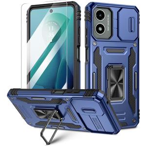 Maxdara for Moto G 5G 2024 Stand Case - Slide Camera Cover, Ring Kickstand, Tempered Glass Screen Protector - Heavy Duty Shockproof Cover, Navy Blue