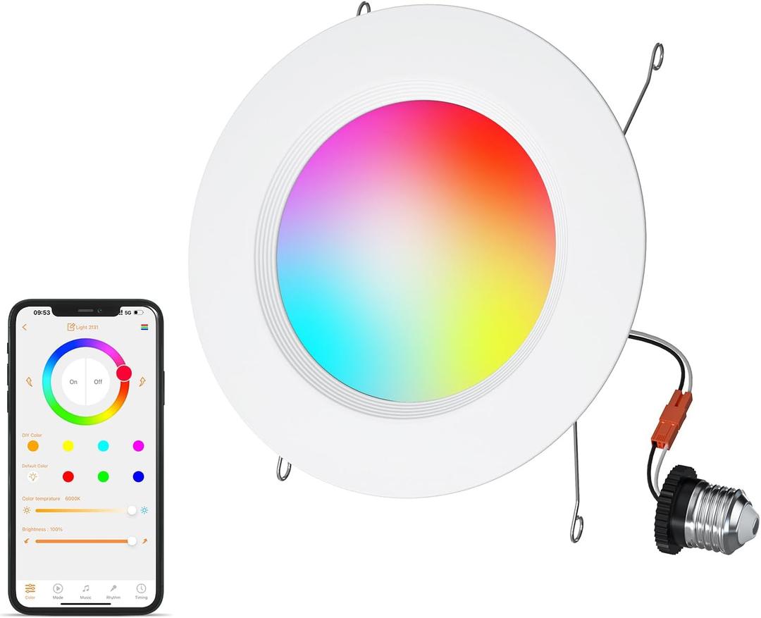 5/6 Inch Smart LED Recessed Light Compatible with Alexa 1Pack,13W1050LM,2700K-6000K,RGB LED Can Light,Retrofit Recessed Lighting,for Living Room,Bedroom,Kitchen
