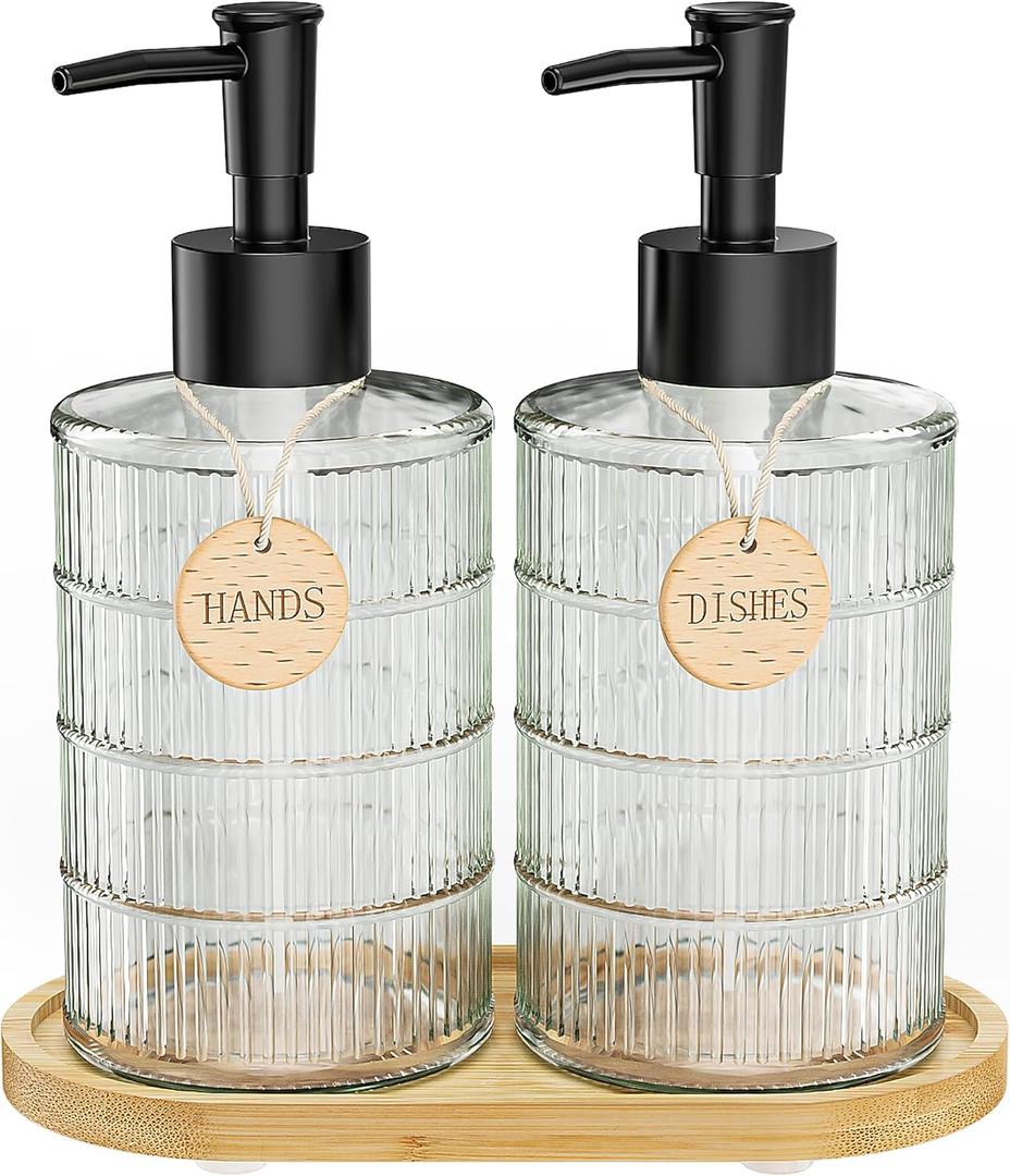 MASADI Soap Dispenser Set with Bamboo Tray, Dish and Hand Soap Lotion Dispenser Set with Wooden Pump for Kitchen and Bathroom Decor for Counter, Modern Vintage Liquid Soap Dispensers (Clear)