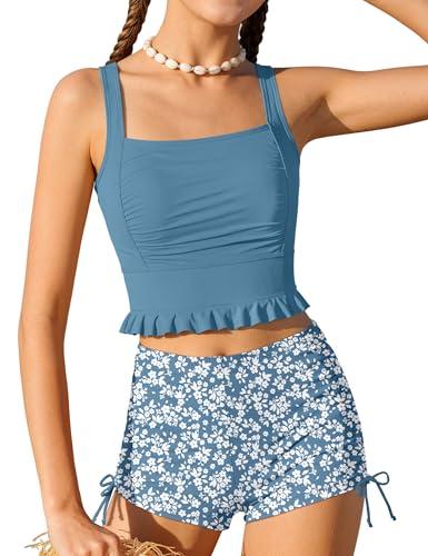 HOTOME Girls Swimsuits Size 14-16 Adjustable Straps Ruched Ruffle Swimsuits for Teen Girls with Chest Pad Drawstring Tropical Prints Shorts Two Piece Bathing Suits Tankini Sets Grey Blue