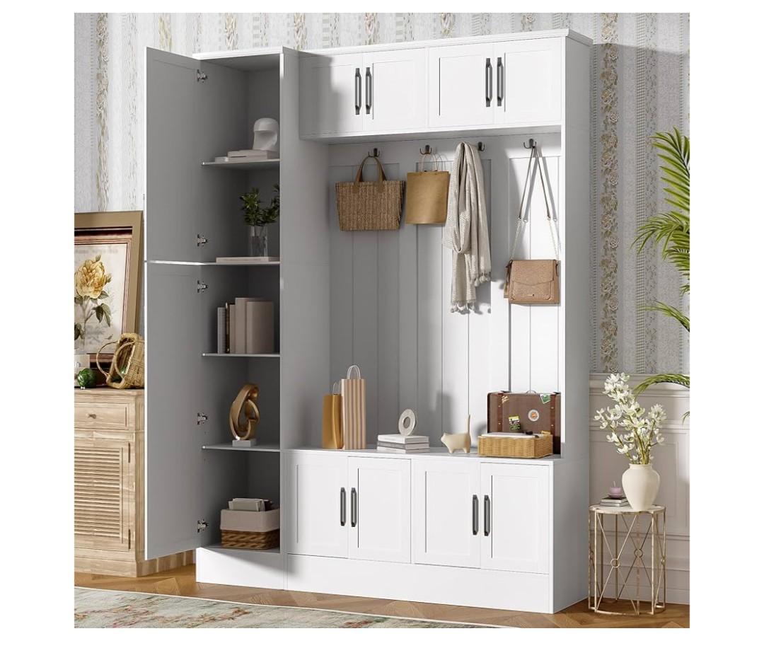 Modern Hall Tree with Shoe Storage, 79'' Tall 4-in-1 Entryway Bench with 6 Cabinets, 4 Coat Hooks and Adjustable Shelf for Hallway, Mudroom, Living Room (White)