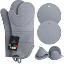 Rorecay 6pcs Oven Mitts and Pot Holders Sets for Kitchen, Extra Long Silicone Oven Gloves High Heat Resistant 500 Degrees Non-Slip Potholders Hot Pads for Baking Cooking, Grey 