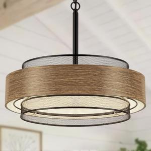 19.7 inch Farmhouse Chandeliers for Dining Room, 5-Light Rustic Large Round Black Chandelier Metal Wood Texture Interior Hanging Lighting for Entryway Kitchen Island Foyer Bedroom Living Room