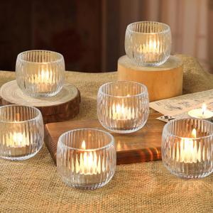 Set of 6 Ribbed Glass Votive Candle Holders, Clear Glass Tealight Holders for Taper Candles - Elegant Table Centerpieces for Weddings, Christmas, Parties, and Home Decor