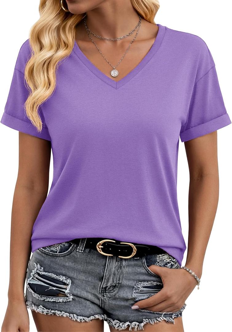 YUCOLEN Womens Short Sleeve V Neck T Shirts Casual Loose Tees Cotton Soft Breathable UPF 50+ Tops Summer 2026 (Purple, L)