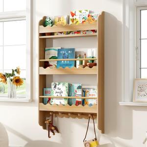 Treocho Kids Bookshelf, Wall Mounted 3-Tier Book Shelf, Kids Bookshelf and Toy Storage for Bedroom, Living Room and Nursery, Natural