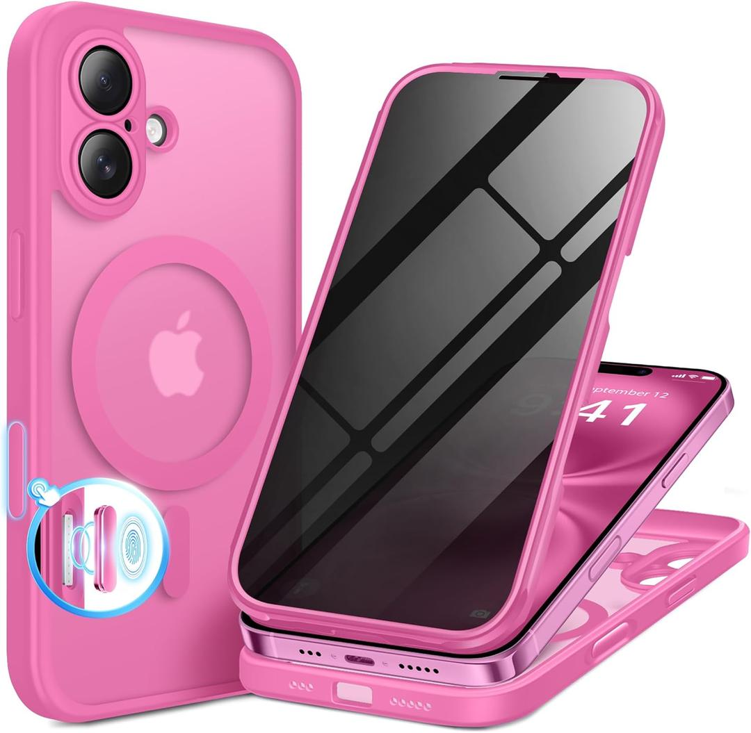 BERFY for iPhone 16 Case, Compatible with MagSafe, Built-in Privacy Screen Protector and Camera Protection, Anti-Spy Full Body Shockproof Matte Phone Case for 16 6.1", Peony