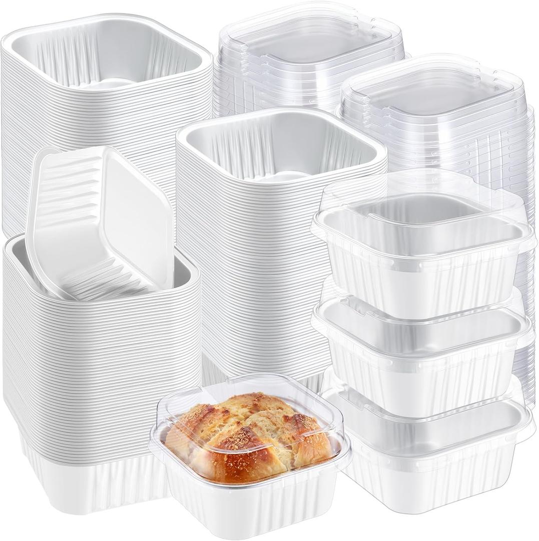 200 Pack 5 oz Mini Cake Pans with Lid, Aluminum Foil Mini Baking Tins, Square Disposable Cupcake Baking Cup Dessert Container for Wedding Birthday Party Picnic(White,Classic)