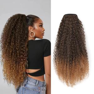 Drawstring Ponytail Extension for Women Afro Kinky Curly Synthetic 26 Inch Long Ombre Brown Pony Tails Hair Pieces for Quick Secure Hairstyle Daily Use