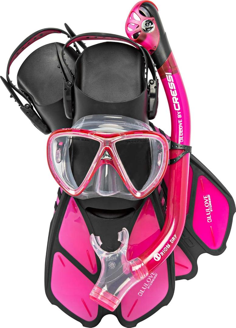 Cressi Adult Snorkel Set (Mask, Dry Snorkel, Adjustable Fins) - Light for Travel - Ocean Set: Designed in Italy (S/M | US Man 4.5/8.5 | US Lady 5/9.5 | EU 36/41, Translucent Pink)