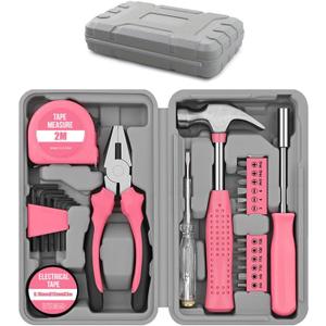 24Pcs Pink Home Repair Tool Kit for Women - Compact Mini Starter Hardware Set with Hammer, Pliers, Screwdrivers - Portable Household Hand Tools, Ideal Christmas & New Year Gift for Ladies