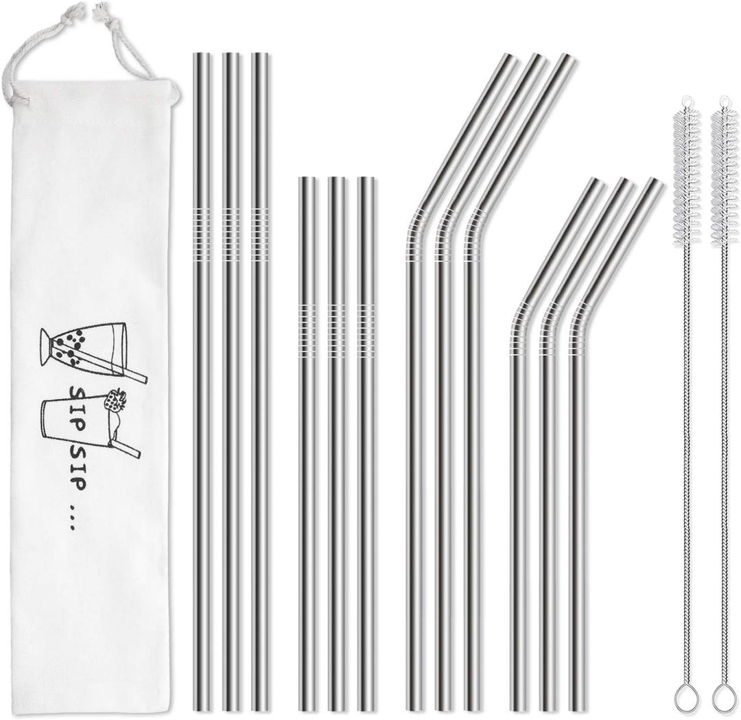 Hiware 12-Pack Reusable Stainless Steel Metal Straws with Case - Long Drinking Straws for 30 oz and 20 oz Tumblers Dishwasher Safe - 2 Cleaning Brushes Included (Silver)