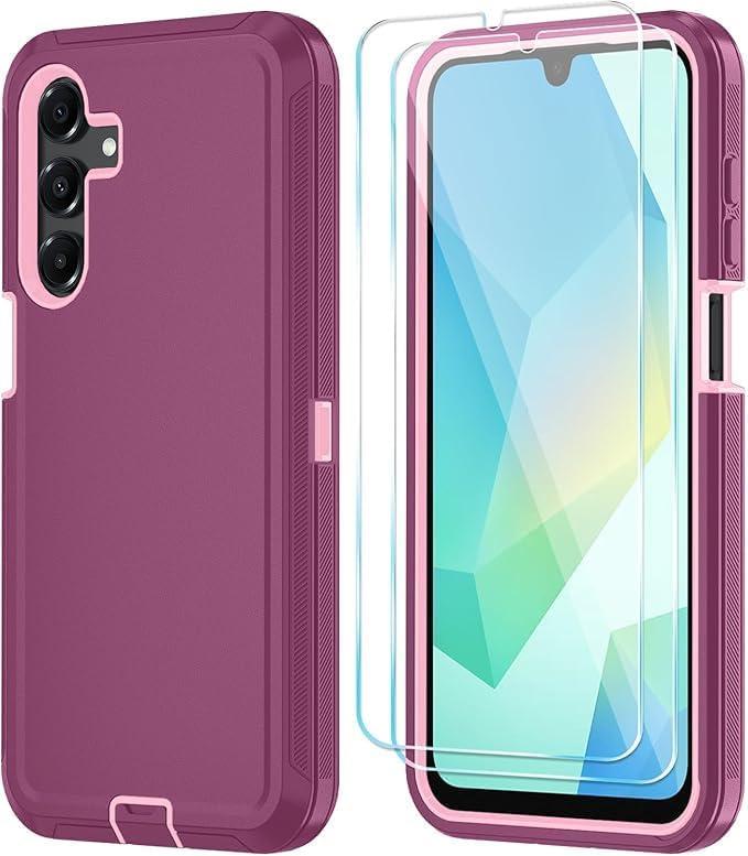 Qinmay Phone Case for Samsung Galaxy A17 5G Case, Galaxy A16 5G Case with HD Screen Protector, Heavy Duty Shockproof 3-Layer Cover Phone Case for Galaxy A17 / A16 WineRedPink