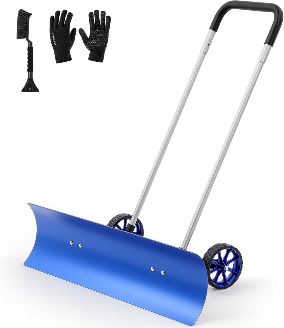 37 Inch Wide Wheeled Snow Pusher Shovel Set, Aluminum Blue Blade and Double Handle, Snow Plow for Yard Driveway Sidewalk Patio Walkway, Ice Hockey Rink Resurfacer, Skating Rink, Ice Fishing