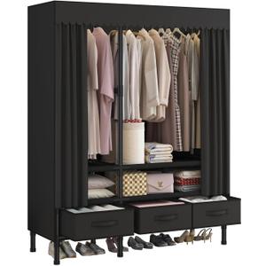 Portable Closets for Hanging Clothes,Clothes Rack with Cover,Portable Wardrobe Closet with 1 Hanging Rods, 2 Storage Shelves and 3 Drawers,43.3" L x 17.7" W x 67.7" H,Black