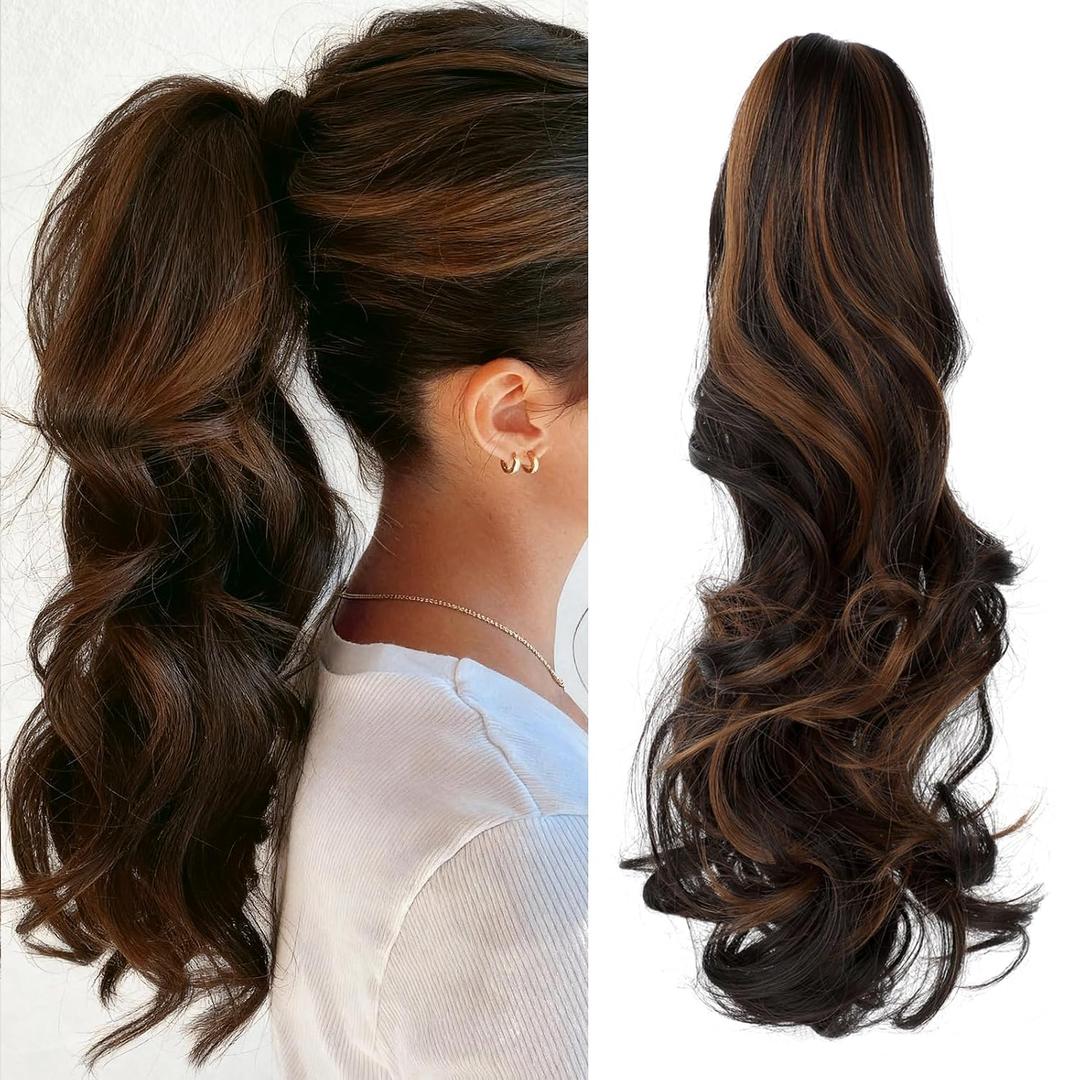 Felendy Ponytail Extension Claw 18" Dark Brown Mix Light Auburn Curly Wavy Clip in Hairpiece One Piece A Jaw Long Pony Tails Hair Extensions for Women