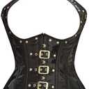 Women Black PVC Underbust Corset Steel Boned Waist Trainer with Buckles & Neck Strap – Gothic Steampunk Corset 2Pcs XL