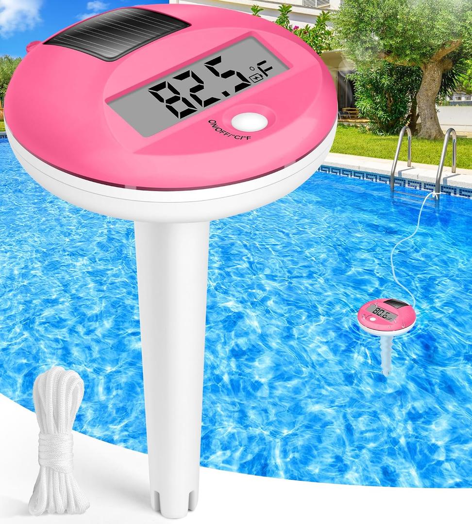 FirstE 2025 Solar Digital Pool Thermometer with Rope | Big Number LCD Display Floating Pool Thermometer for Easy Read | High Precision, IP68 Waterproof | Pools Water Temperature Gauge for Spa, Pink