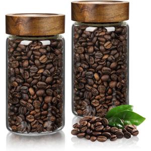 2PCS Small Glass Storage Jars with Airtight Lids, 19.3 fl oz (560ml) coffee container with Wooden Lid, Glass Pantry Canister for Beans, Rice, Sugar and etc