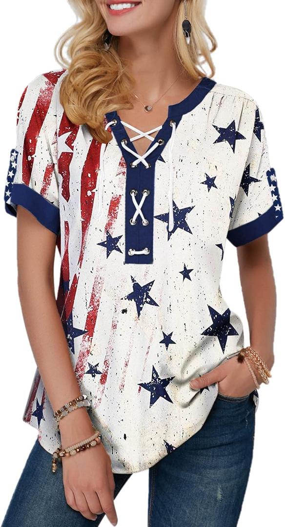 VILOVE American Flag Shirt Tops Women 4th of July T-Shirts Ring Hole Star Stripes USA Short Sleeve V-Neck Patriotic Tees (M)