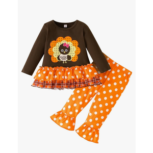 XFGLCK 1-6T Toddler Kids Baby Girls Thanksgiving Turkey Clothes Outfit Long Sleeve Ruffle Top+ Dot Pant Fall Winter 2PCS, Size 100