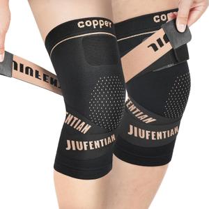 JIUFENTIAN Knee Support for Women and Men with Strap (2pack) Copper Knee Brace for Women Arthritis Pain-Knee Sleeves for Working Out,Running and Knee Pain Relief(Large) (Black)
