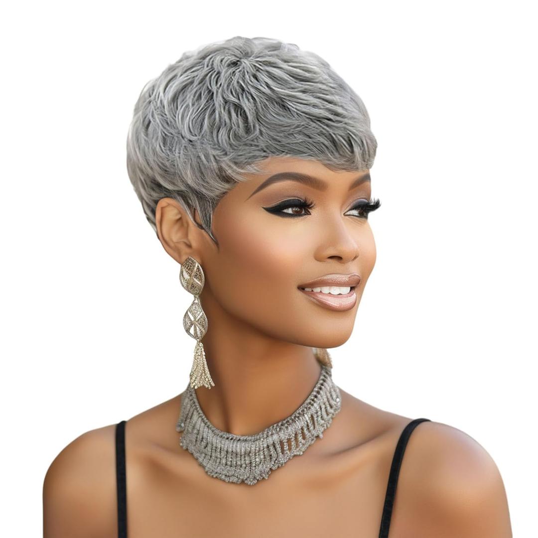 Short Gray Pixie Cut Wigs for Black Women Curly Style with Bangs and Natural Short Curly Wigs for Black Women Synthetic Wig Heat Resistant (Gray Pixie Cut)