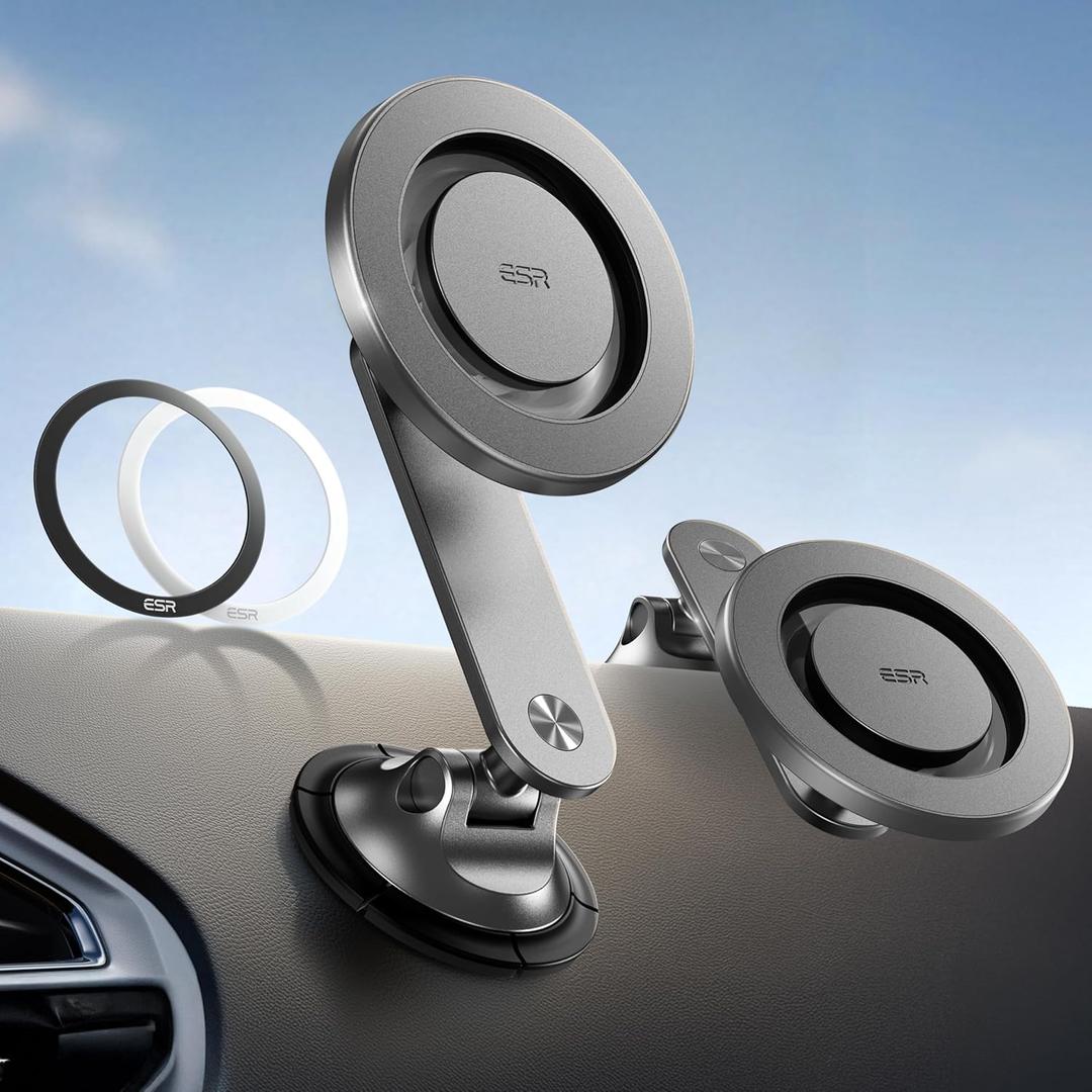 ESR for MagSafe Car Mount, Dashboard Magnetic Phone Holder for Car, 360 Rotation,Car Phone Holder Mount for iPhone 16/16e/15/14/13/12, Galaxy S25, Strong Magnets,Car Accessories(with 2 Mental Rings) (Grey)