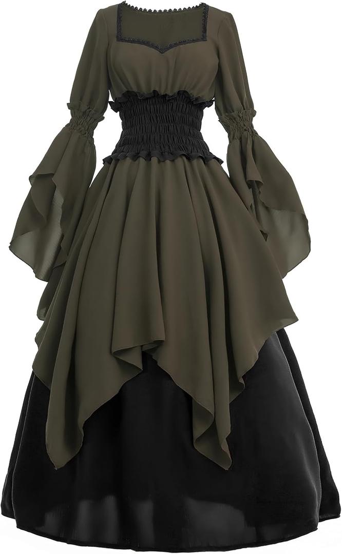 LTAKK Renaissance Dress Medieval Costume Victorian Dresses Women Peasant Gothic Fairy Witch Wedding Dress (XX-Large, Olive Green)
