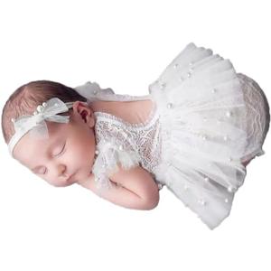 Newborn Photography Outfits Girl Baby Photo Tutu Dress Newborn Photoshoot Romper Baby Picture Lace Outfit (White)