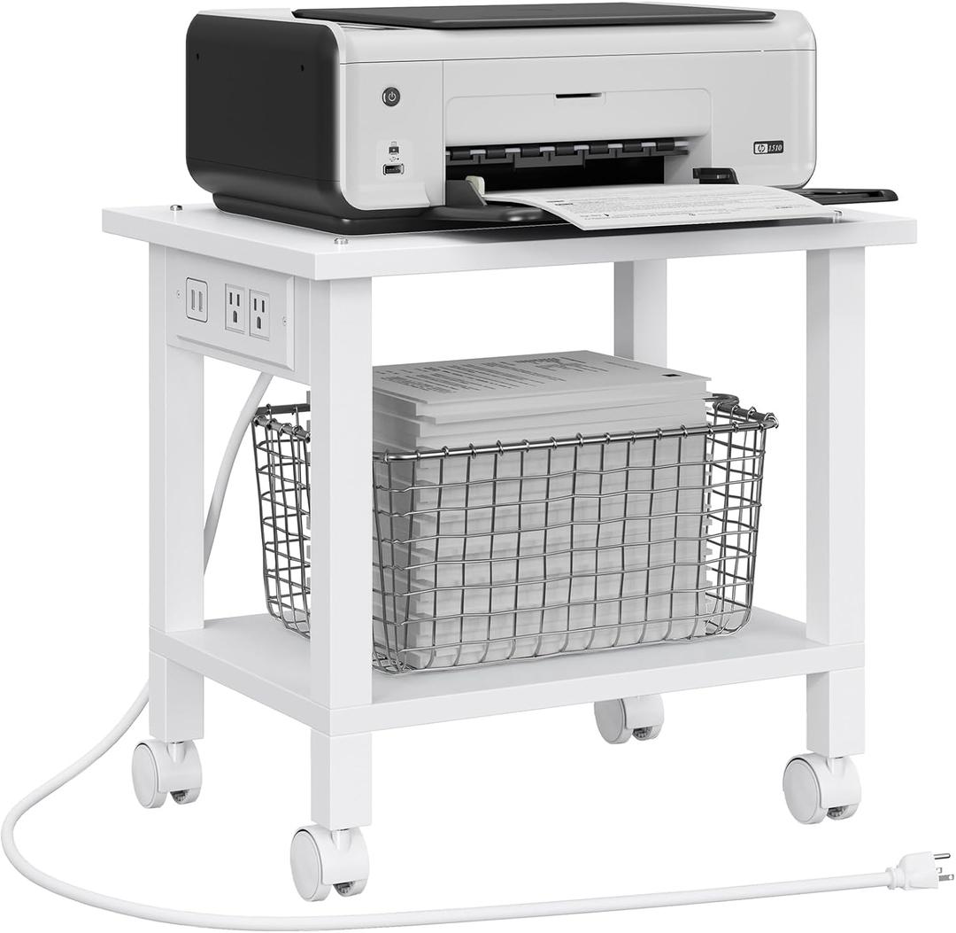 TUTOTAK 2 Tier Printer Stand, Rolling Printer Cart with Power Outlets and USB Ports, Mobile Printer Table with Wheels, for Under Desk, Office, Home, White PS01BW001 (2 tier(15.7 x 11.8 x 15.4inchs)) White