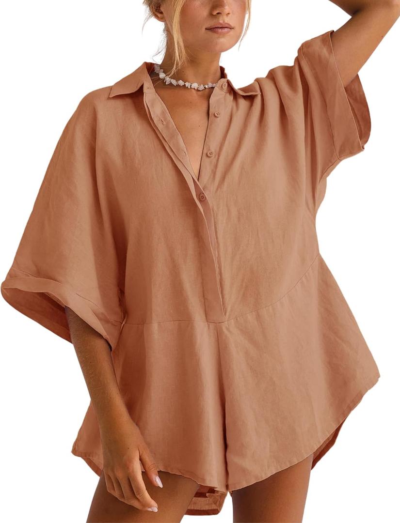 Women One Piece Jumpsuit V-Neck Half Button Collared Rompers Short Sleeve Onesie Playsuit Loose Overalls for Summer (Small, Orange)