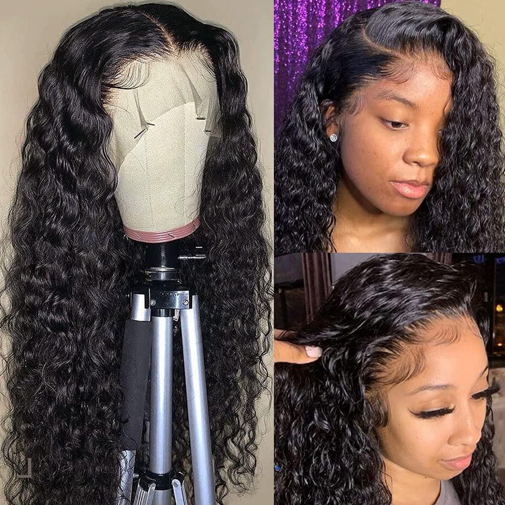 13x4 HD Transparent Lace Front Wigs Human Hair Pre Plucked Hairline with Baby Hair 200 Density Brazilian Water Wave Wigs for Black Women(20 Inch)