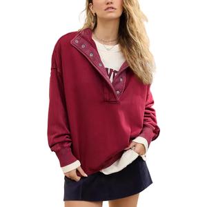 ebossy Women's Fashion V Neck Snap Button Long Sleeve Casual Loose Pullover Sweatshirt Activewear (Red, L)