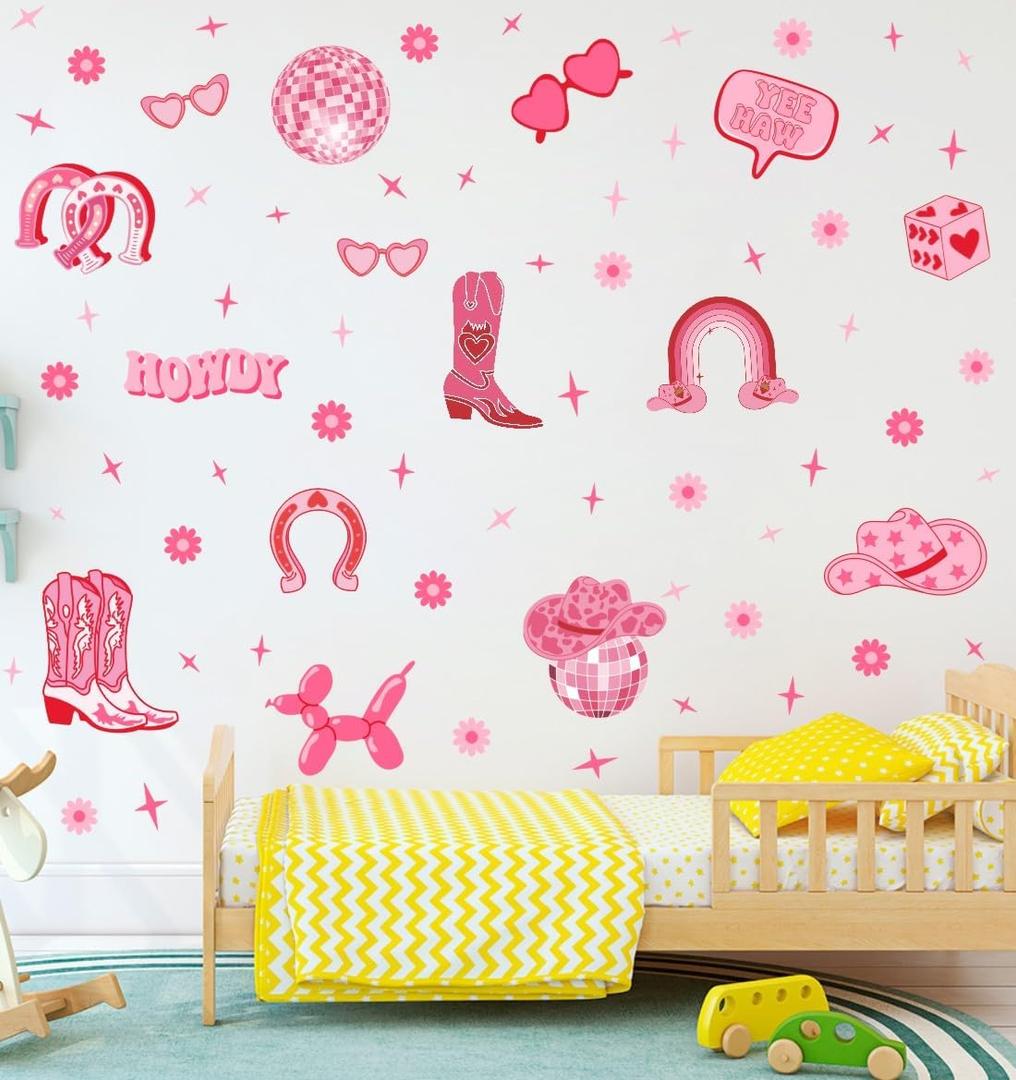 YIMEHDAN Pink Cowgirl Wall Decal, Boots Horseshoe Iron Hat Disco Ball Vinyl Wall Stickers, Removable Preppy Western Girls Artwork for Teen Bedroom Dormitory Decor